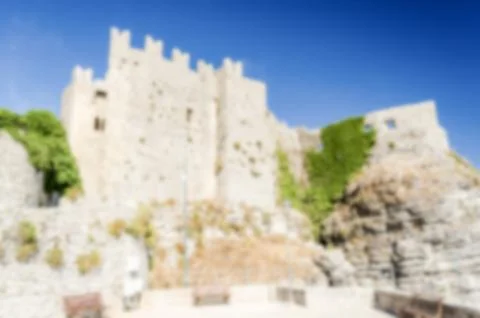 Defocused background with view over Venus Castle in Erice, Sicily Stock Photos