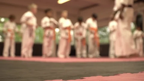 Defocused blur , Karate training - group of  teenagers in kimono Stockbeeldmateriaal 77377595