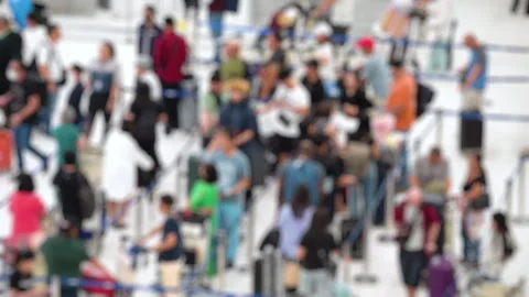 Defocused blur view unrecognizable people in airport queue line. Stock Footage 269781304