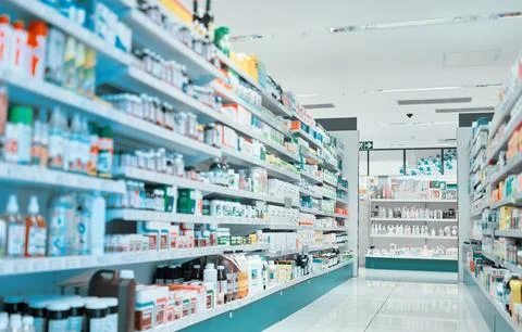 Defocused blurred image of inside pharmacy store for abstract background. Stock Photos