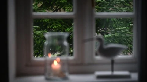 Defocused burning candleby the window with focused fir tree. Stock Footage 286100453