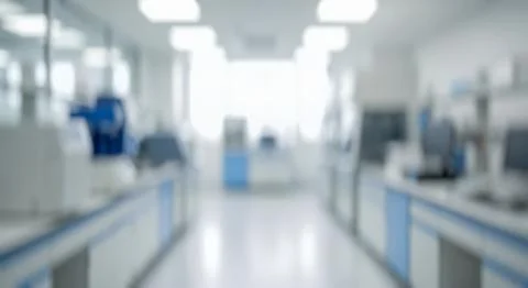 Defocused high-tech lab with bright lights. Backdrop for biotech, chemistry,  Stock Photos