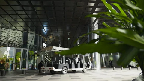 Defocused leaves with a shuttle bus and modern architecture in Bangkok Stock Footage 345979487