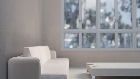 DEFOCUSED LOOPED BACKGROUND white interior animation. Winter time Window snowy Video stock 165384789