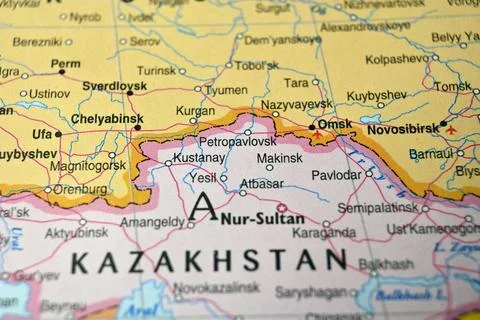 Defocused Map Background Highlighting Atbasar Geography and Travel Concept Stock-Fotos