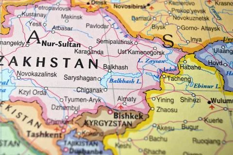 Defocused Map Background Highlighting Balkhash Geography and Travel Concept Stock-Fotos