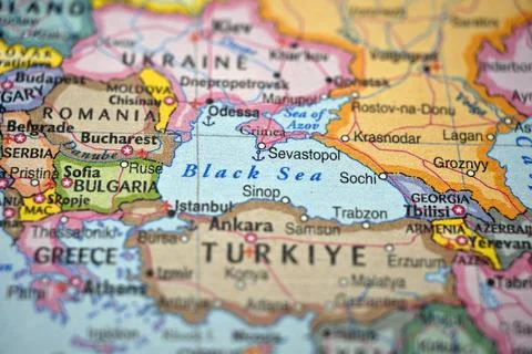Defocused Map Background Highlighting Black Sea Geography and Travel Concept Stock Photos