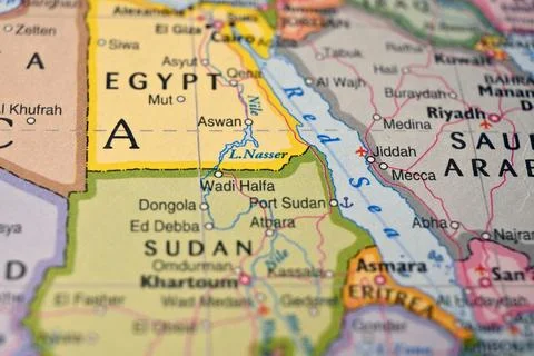 Defocused Map Background Highlighting Lake Nasser Geography and Travel Concep Stock Photos