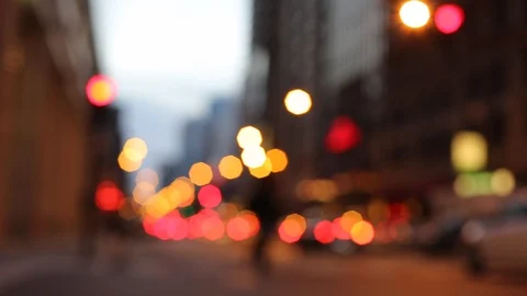 Defocused night traffic lights in Chicago downtown Christmas time Stock Footage 95000875