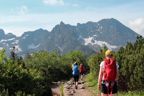Defocused rear view of a group of young hikers on a mountain path. Tatras Stock Photos