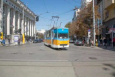Defocused shot of tram and road traffic Stock Photos