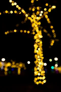 Defocused tree branches decorated with strings of christmas lights Stock Photos