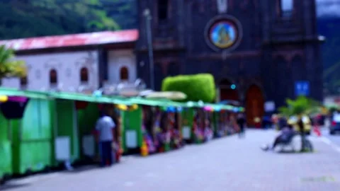 Defocused view with unrecognisable people walking in front of green stands Stock Footage 155295864