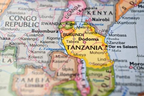 Defocused World Map Background Highlighting Tanzania Geography and Travel C.. Stock Photos