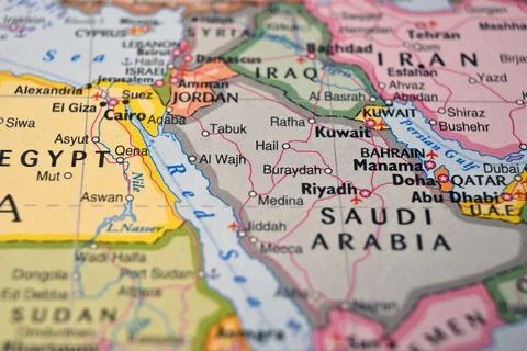 Defocused World Map Background Highlighting Buraydah City Location Stock-Fotos