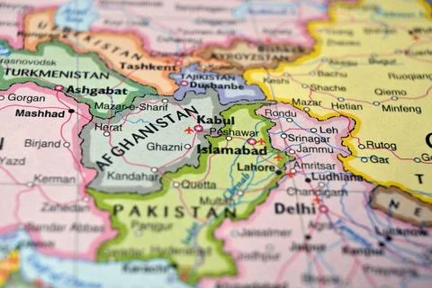 Defocused World Map Background Showing Peshawar Location Top View Geography.. Stock-Fotos