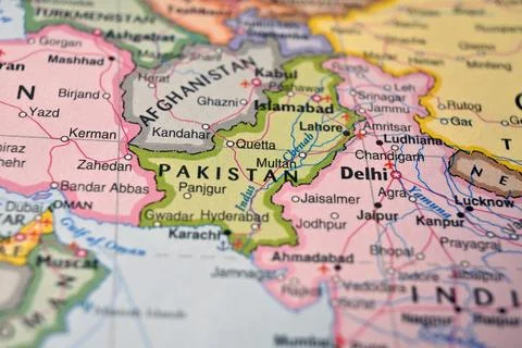 Defocused World Map Background Showing Pakistan Location Top View Geography.. Stock Photos