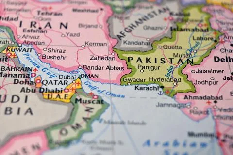 Defocused World Map Background Showing Gwadar Location Top View Geography a.. Stock Photos