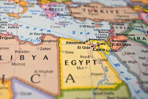 Defocused World Map Background Showing Giza Location Top View Geography and.. Stock Photos