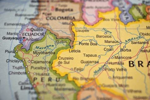 Defocused World Map Highlight Featuring Leticia with Soft Blurred Background Stock Photos