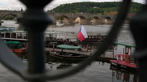 Defocussed railing with Charles Bridge behind. Prague Stock Footage 80901538