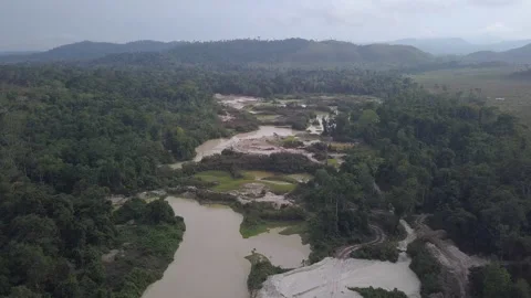 Deforestation aerial view of the Amazon rainforest caused by gold illegal mining Vidéo 130868947