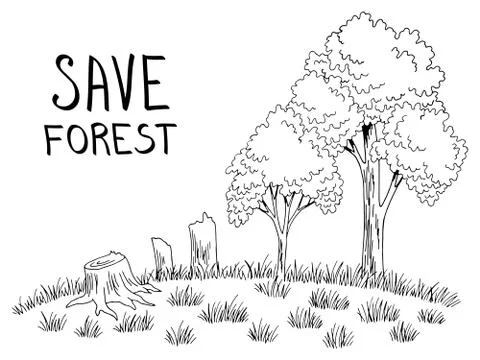 Deforestation ecology problem tree forest on the hill graphic black white sketch Stock-Illustration