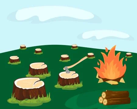Deforestation for logging vector illustration. Cutting down forest. Stumps after 스톡 일러스트