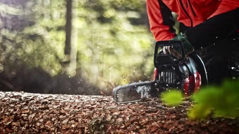 Deforestation, A man saws a sawmill with a chainsaw section of a tree trunk 스톡 동영상 336570373