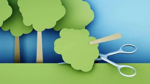 Deforestation. Paper forest destruction of metal scissors. Creative ecology 스톡 동영상 83432568
