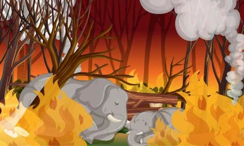 Deforestation scene with dying elephant Stock Illustration
