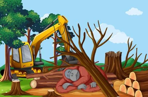 Deforestation scene with dying monkey Stock Illustration