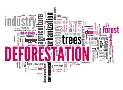 Deforestation text cloud. Urbanization and environment exploitation concept. Illustrazione stock