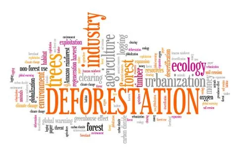 Deforestation word cloud. Urbanization and environment exploitation concept. Illustrazione stock