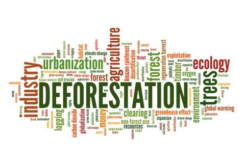 Deforestation word cloud. Urbanization and environment exploitation concept. Illustrazione stock