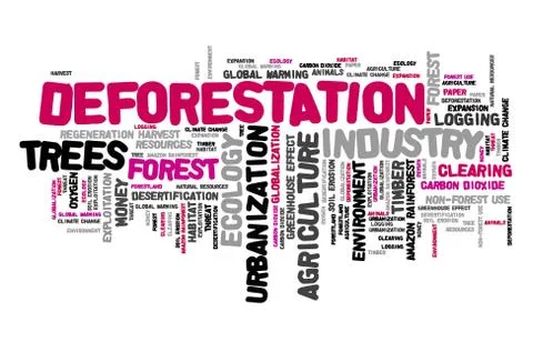 Deforestation word cloud. Urbanization and environment exploitation concept. Illustrazione stock