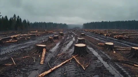 Deforested Area with Tree Stumps and Fallen Logs Stock Footage 317056459
