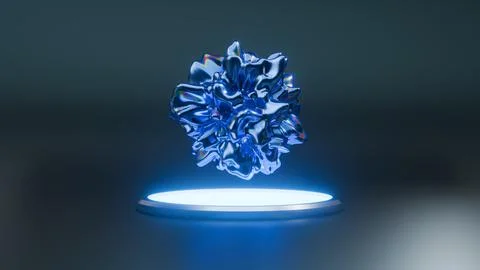Deformed blue color 3D abstract object on a glowing podium Stock Illustration