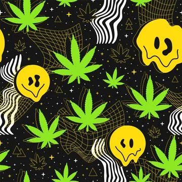 Deformed flex distorted grid in space,melt smile face,weed cannabis leaf Stock Illustration