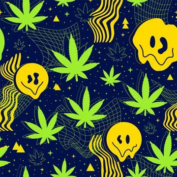 Deformed flex distorted grid in space,melt smile face,weed cannabis leaf Stock Illustration
