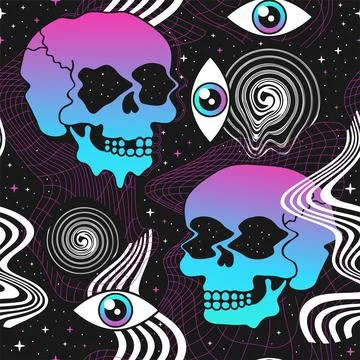 Deformed flex distorted grid in space,stars,melt psychedelic skull seamless Stock Illustration