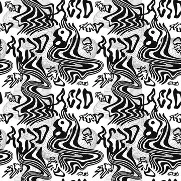 Deformed flex distorted grid,melt psychedelic acid quote,techno seamless pattern Stock Illustration