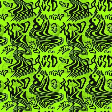 Deformed flex distorted grid,melt psychedelic acid quote,techno seamless pattern Stock Illustration