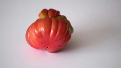A deformed, imperfect vegetable with a natural shape, a red tomato, rotates.. Stock Footage 329695805