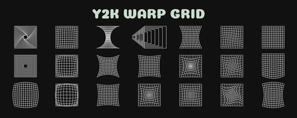 Deformed square warp grid pack with Y2K retro tech aesthetic style Stock Illustration