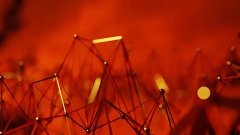 Deforming abstract figure made of grid with glossy spheres on orange background. Stock Footage 309089770