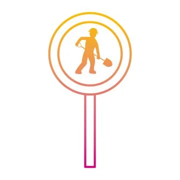 Degraded line circle caution emblem and laborer with shovel Stock Illustration