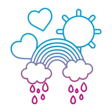 Degraded line rainbow clouds raining with hearts and sun Stock Illustration