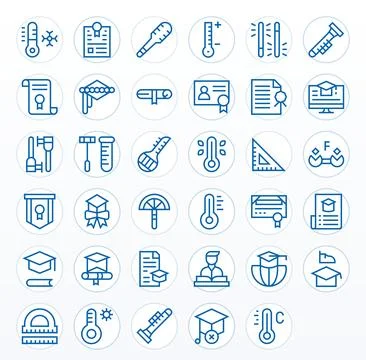 Degree Premium Vector Bundle with 35 256x256 Grid Fitted Regular Line Icons Stock Illustration