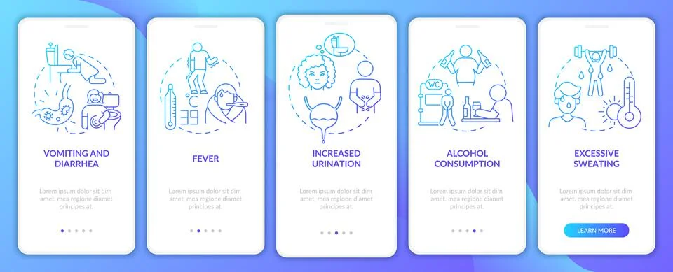 Dehydration causes blue gradient onboarding mobile app page screen Stockillustratie